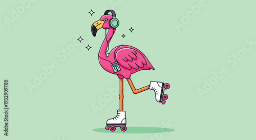 Pink Flamingo on Roller Skates Wearing Headphones.