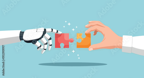 Robot and Human Hands Connecting Puzzle Pieces Symbolizing AI Integration.