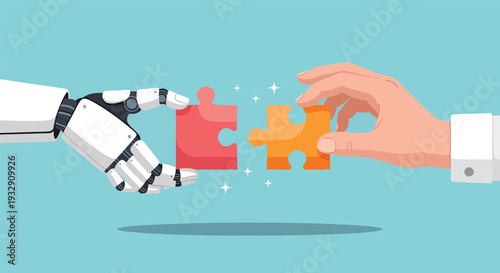 Robot and Human Hands Connecting Puzzle Pieces Symbolizing Collaboration Vector Illustration.