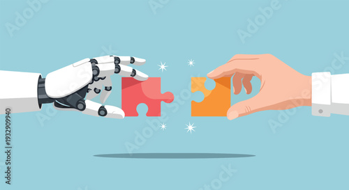 Robot and Human Hands Connecting Puzzle Pieces Symbolizing Collaboration.