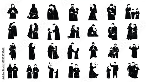 Collection of diverse people in various prayer and meditation poses black silhouettes on white background expressing spirituality and mindfulness in different styles and emotions