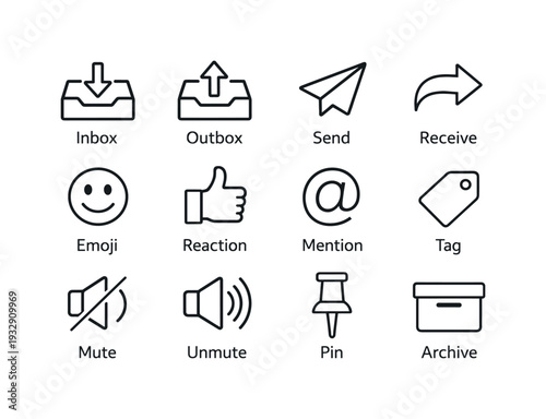 Line style vector icons of Workplace messaging icons: inbox, outbox, send, receive; emoji, reaction, mention, tag; mute, unmute,