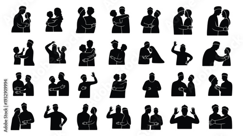 Black silhouettes of people interacting and communicating in various poses and gestures on white background