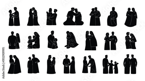 Collection of black silhouette illustrations depicting various human interactions and relationships in a minimalist style on a white background