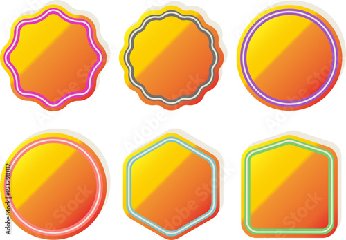 グラデーションカラーのポップな幾何学ラベルフレームセット｜円形・六角形・波型バッジを組み合わせたレトロポップ風タイトル装飾・見出しデザイン用ベクターイラスト素材
