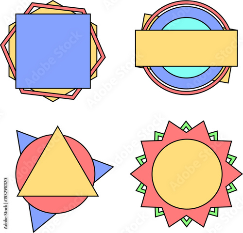 幾何学図形を組み合わせたポップカラーのエンブレム＆フレーム装飾セット｜円形・三角形・多角形を重ねたレトロモダンなタイトル背景・ラベル・見出しデザイン用ベクターイラスト素材