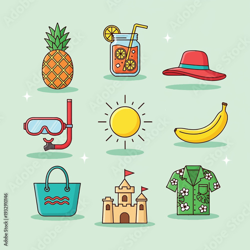 Summer Vacation Icons Set Pineapple Drink Hat Snorkel Sun Banana Bag Castle Shirt.
