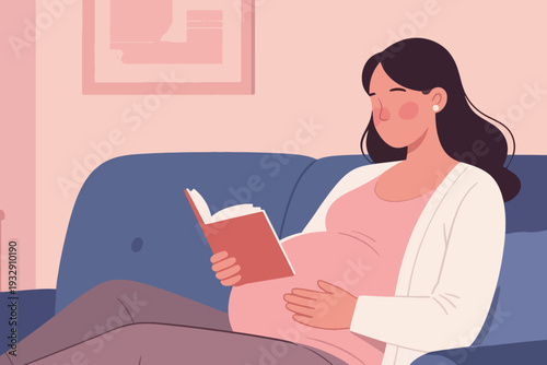 Flat Design Vector Cartoon of a Pregnant Woman Reading a Book While Sitting on a Sofa Illustration Creative Design Template 