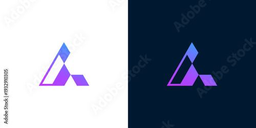 Abstract geometric logo design in a minimalist style with a gradient color scheme on a white and dark blue background
