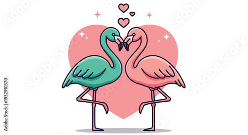 Two Flamingos in Love with Hearts and Sparkles.