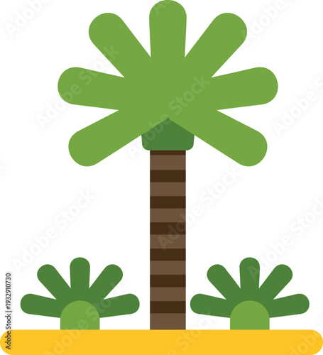 Flat design illustration depicting a palm tree on an island with surrounding tropical plants