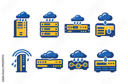 Two-Color vector icons of cloud server with tiny raincloud above it: server tower with small raincloud, stacked server with