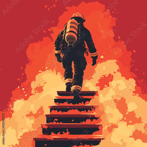 Brave firefighter ascends a burning staircase, highlighting courage and resilience in the face of danger during a rescue mission , vector style simple color