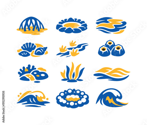 Two-Color vector icons of tidal ecosystems: mangrove root arc, tidepool rim, algae mat, shell bed, crab track, barnacle dot, reef
