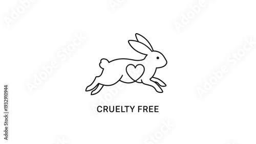 Simple black line icon of a jumping rabbit with a heart shape on its body and the text cruelty free for ethical products.