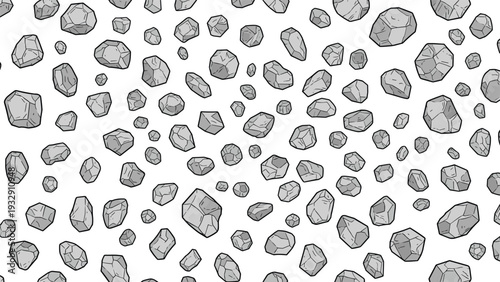 Seamless pattern background of many grey stones or pebbles of different shapes and sizes scattered across a white surface.