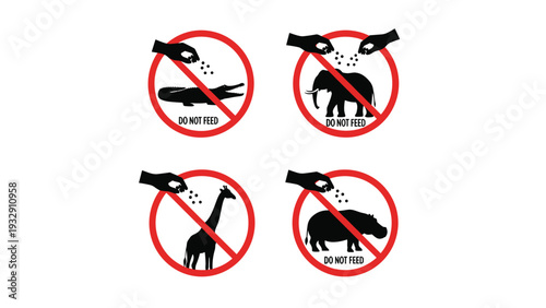 Set of four black silhouettes of animals like giraffe and elephant inside red prohibited circles with the text do not feed.