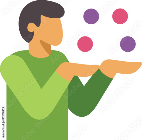 Person juggling multiple colored balls, demonstrating balance and dexterity