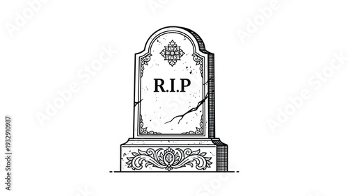 Detailed illustration of an ornate stone tombstone grave marker with floral engravings and R.I.P. engraved text on a white background.