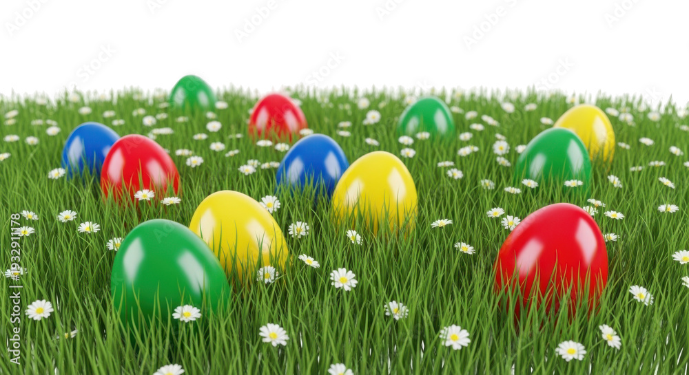 Fototapeta premium Colorful easter eggs scattered on a lush green field of grass