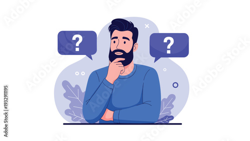 Man with a beard in deep thought with question mark speech bubbles around him representing confusion, doubt, or decision making.