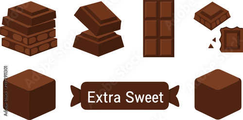 Dark Chocolate Bar Illustration Set with Broken Cocoa Pieces, Stacked Chocolate Cubes, and Extra Sweet Label Vector Design.