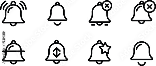 Notification bell line icon set, alert mute remove and favorite outline vector illustration collection for app interface