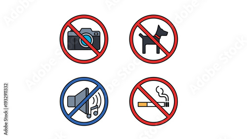Set of common prohibition signs including no photography, no dogs, no loud music, and no smoking for public areas.