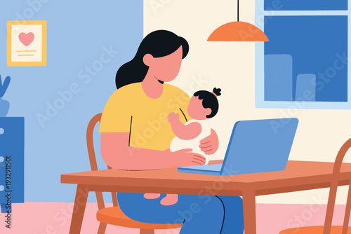 A Busy Mother Carrying a Baby While Working in Front of a Laptop Illustration Creative Design Template 