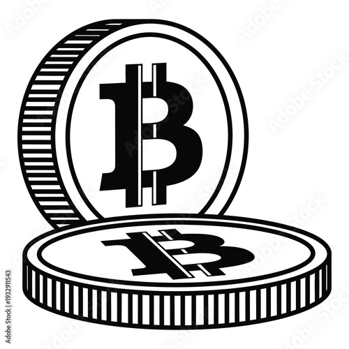 Black and white illustration of two bitcoin coins standing stacked side by side icon