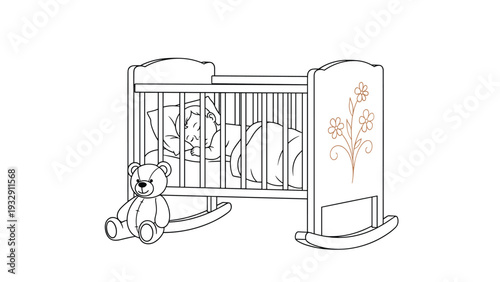 Simple line drawing of a baby sleeping peacefully in a wooden crib with a teddy bear sitting on the floor nearby.