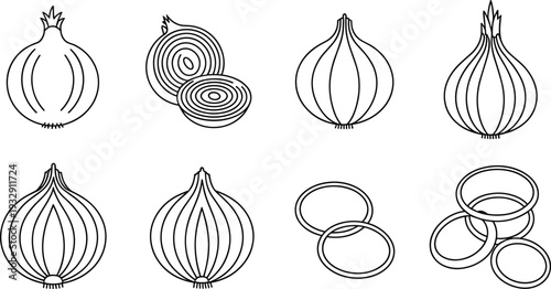 Onion line icon collection with whole bulbs, sliced halves and onion rings, outline vector vegetable set for cooking design