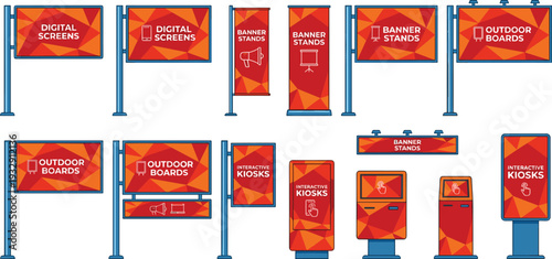 Collection of flat vector illustration icons for digital screens, outdoor boards, banner stands, and interactive kiosks for marketing and advertising.
