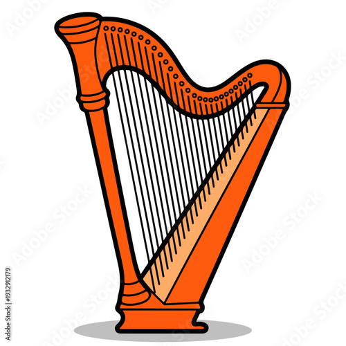 Classic Musical Harp Vector Illustration; Stylized Orange String Instrument Icon with Bold Outlines for Music School Branding, Orchestral Concert Posters, Celtic Heritage Symbols