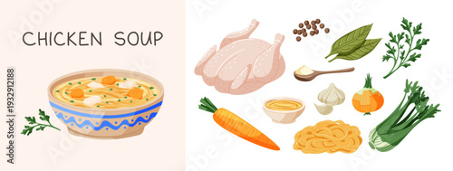 Hand drawn chicken soup recipe ingredients. Chicken, vegetables, herbs and spices arranged on soft background. Cute flat culinary vector illustration.
