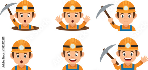 Miner Character Set with Cute Construction Workers in Hard Hats, Holding Pickaxes, Emerging from Mining Holes Vector Illustration.