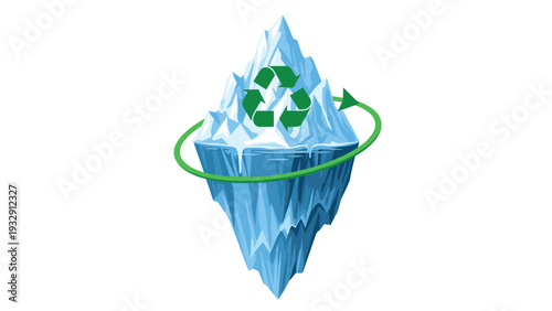 Concept illustration of an iceberg with a green recycling symbol and circular arrow representing environmental conservation and climate change awareness.