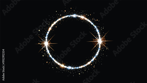 Sparkling gold and silver glitter circle frame with bright stars on a dark background for festive announcements and events.