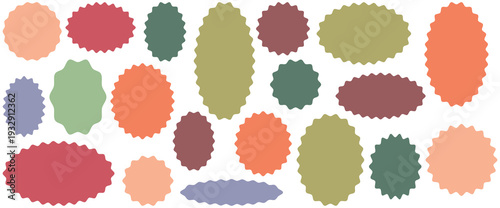 Set of colorful circles with zigzag edges. Jagged silhouettes vector set isolated on white background. Vector graphic illustration. 