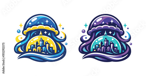 Mythical Jelly Guardian. Two-Color vector icons of a mythical jelly guardian holding an ancient city within its glow (whimsical