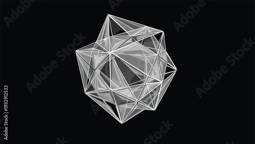 Abstract 3D geometric shape with complex crystalline structure and metallic finish set against a solid black background for modern digital art.