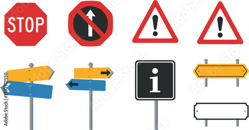 Road Traffic Sign Set with Red Stop Sign, Warning Alert Symbols, Information Boards, and Directional Wayfinding Arrow Post Vector.
