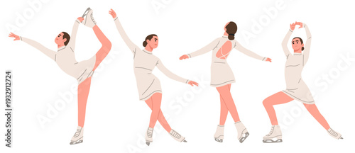 Flat vector illustration set of a female figure skater performing different poses and jumps on ice. Perfect for winter sports themes, competition posters, training materials, and sports branding