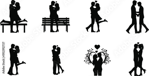 Romantic Couple Silhouette Set with Lovers Hugging, Kissing, Sitting on Bench, and Heart Icons for Valentine Day Wedding Design.