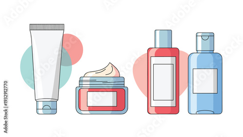 Collection of various skincare and cosmetic product containers including tubes, jars, and bottles with minimalist labels for beauty industry branding.