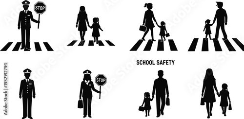 School Safety Silhouette Set with Crossing Guard Holding Stop Sign, Parents Walking Children on Zebra Crosswalk Vector Icons.
