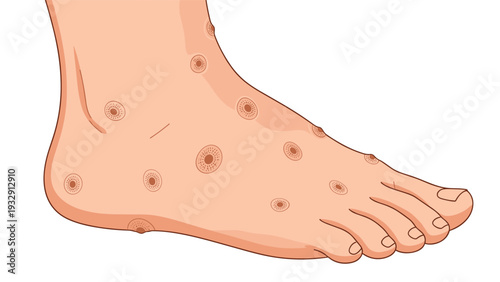 Medical illustration of multiple warts and skin lesions on a human foot and ankle for dermatological study and patient education on skin conditions.