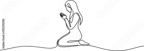 Continuous single line drawing woman praying. Beautiful woman praying on her knees, Praying Woman Continuous Line Drawing Faith. Religion. Linear One continuous line isolated minimalist illustration. 