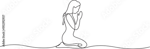 Continuous single line drawing woman praying. Beautiful woman praying on her knees, Praying Woman Continuous Line Drawing Faith. Religion. Linear One continuous line isolated minimalist illustration. 