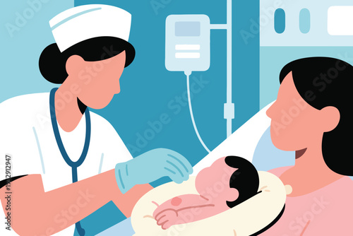 Flat Design Cartoon of a Nurse Checking a Mother and Her Baby in the Hospital Illustration Creative Design Template 
